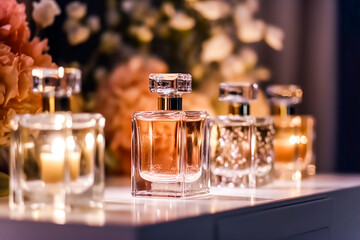 Luxury perfume bottles on display at a presentation, women fragrance scent new exclusive collection, post-processed, generative ai