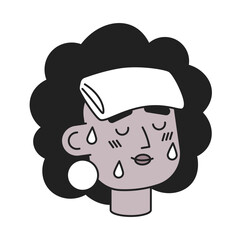 African american dehydrated woman monochrome flat linear character head. Wet towel on forehead. Editable outline hand drawn human face icon. 2D cartoon spot vector avatar illustration for animation