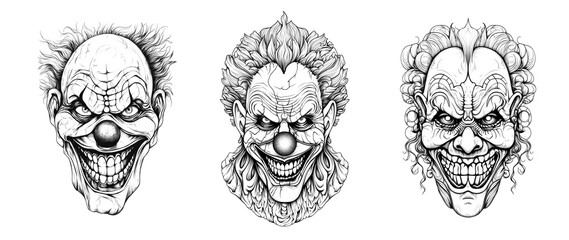 Horror clown portrait. Terrible mask for coloring. Mystical and spooky creatures created  with generative AI.