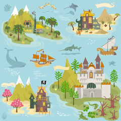 Fairy tale fantasy island  vector illustrations with pirates for map builders