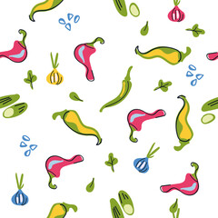 Seamless pattern hot peppers, onions