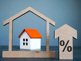 House model, arrow and percent sign as mortgage rates concept.