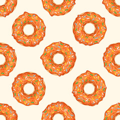 Seamless pattern with orange donuts and colorful sprinkles. Vector illustration for fabrics, textures, wallpapers, posters, cards. Editable elements.