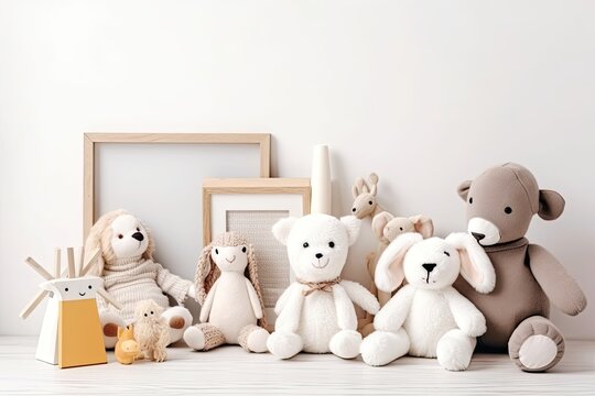 Soft toys and a picture frame are on a table with a white background and text space. Interior of a kid's room. Generative AI