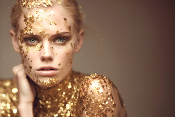 Fashion editorial Concept. Stunning golden hair beautiful woman girl high fashion striking gold glitter shimmer. illuminated with dynamic composition and dramatic lighting