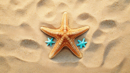 Fototapeta na wymiar Starfish on sand. Top view. Copy space. Banner.