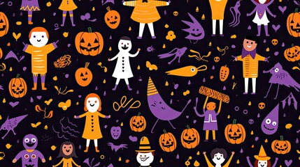 Fototapeta na wymiar Vibrant Halloween seamless background with orange and purple pattern and captivating font design