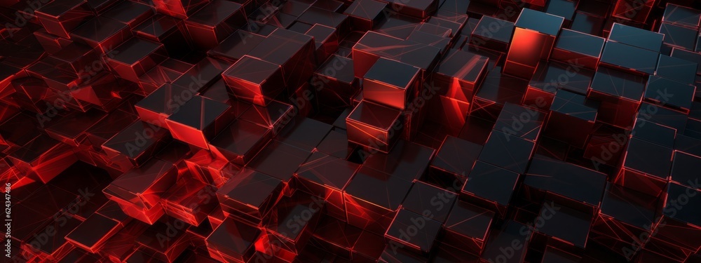 Poster Abstract geometric black red 3d texture wall with squares and square cubes background banner illustration with glowing lights, textured metal wallpaper (Generative Ai)