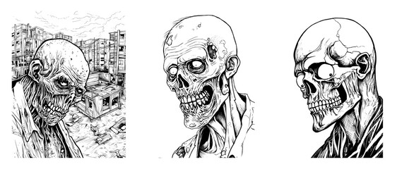 Terrible zombie and walking dead portrait. Horror mask for coloring. Mystical and spooky creatures created  with generative AI.