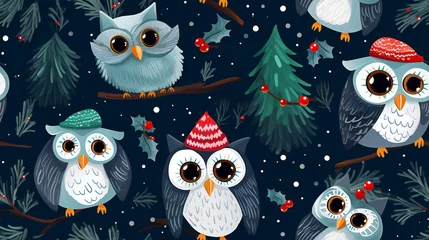 Fotobehang seamless pattern christmas background with owl © Zanni