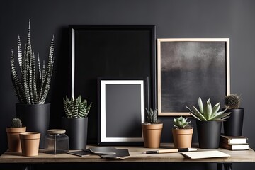Succulents in dark pots, an empty dark picture frame, colored pencils in the stand, and a white background. MockUp. Scandinavian interior design. Generative AI