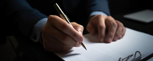 Wide banner - close up of a man's hand with a pen as he signs a contract.