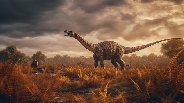 Fototapeta Sauropod dinosaur in 3d render. Generative AI