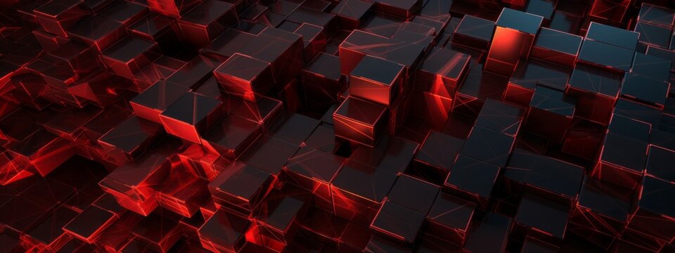 Abstract geometric black red 3d texture wall with squares and square cubes background banner illustration with glowing lights, textured metal wallpaper (Generative Ai)