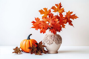 Naklejka na ściany i meble Beautiful Bouquet Of Autumn Leaves In Vase Next To Small Pumpkin, Empty Space, On White Background. Generative AI