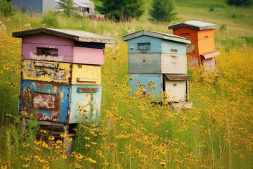 Charming Honeybee Apiary Surrounded By Wildflower Meadows. Generative AI