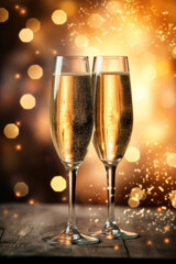 Two Champagne Glasses On Pale Orange Color Background Of Fireworks With Empty Space. Celebrating Christmas. Generative AI
