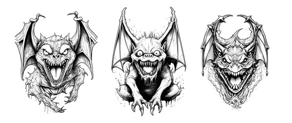 Terrible bat portrait. Horror mask for coloring. Mystical and spooky creatures created  with generative AI.