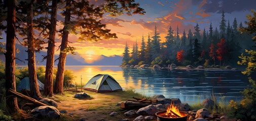painting style illustration banner wallpaper, Camping time at lake side, Generative Ai