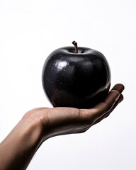 Holding an black apple in the hand from below isolated on white background. generative ai,