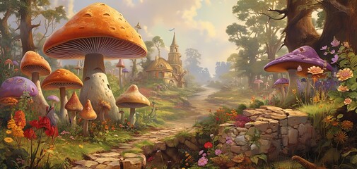 painting style illustration banner wallpaper, Autumn mushroom forest, Generative Ai