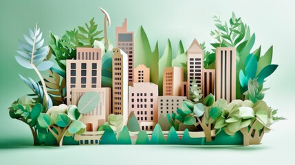 Paper craft city city scene eco design illustration, green color