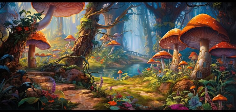 painting style illustration banner wallpaper, Autumn mushroom forest, Generative Ai