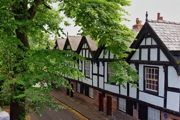Old medieval residential houses by the city wall in the city of Chester