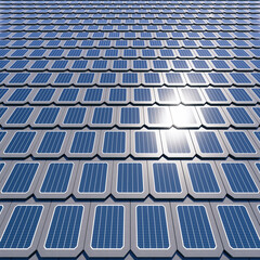 3d rendering of solar or photovoltaic shingles in perspective on roof of home or house building. System technology to generate electrical power or direct current electricity by light or sunlight.