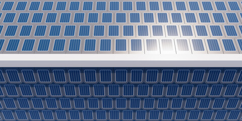 3d rendering of solar or photovoltaic shingles in perspective on roof of home or house building. System technology to generate electrical power or direct current electricity by light or sunlight.