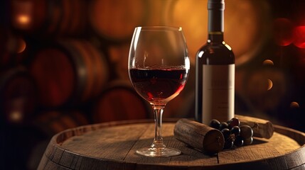 glass of wine on barrel in wine cellar. Generative AI