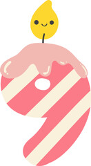 A cartoon number 9 birthday candle with a pink and white striped design. This cheerful and festive image is perfect for any birthday celebration.