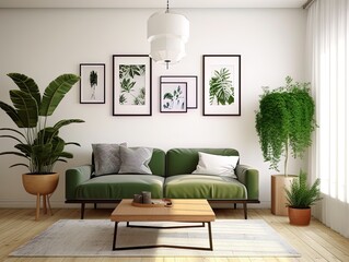 Living room with a comfortable sofa, plants and pictures on the wall, decoration concept. Generative AI.