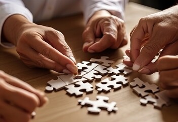 Business teamwork with white puzzle of many pieces cooperation unity concept Generative AI
