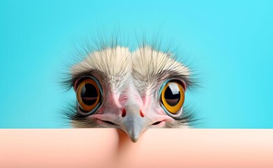 Fototapeta premium Creative Animal Concept. Ostrich peeking over pastel bright background. Generative AI.