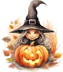 Cute little witch with pumpkin Halloween illustration created with Generative AI technology