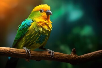 a small green and yellow parakeet standing on a branch showing off its colorful plumage. Generative Ai