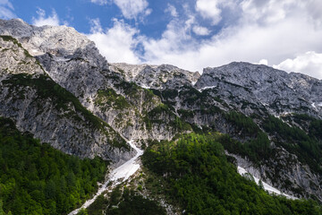 Alpine mountains landscape. Aerial drone view Beauty in nature. Italian Alps