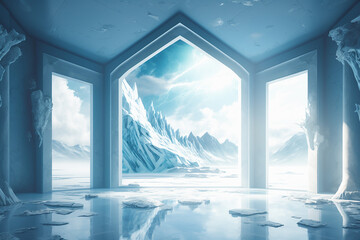 Ascetic interior design with ice imitation decorations and mountain scenery behind the window. AI generated image