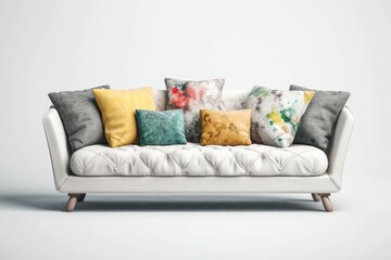 Sofa mockup with pillows. Pillow sofa mockup realistic drawing for web design, isolated on white background. Generative AI