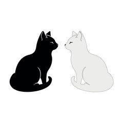 Black and White cats. Vector illustration of couple cats black and white colors. Love story cats