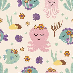 seamless pattern with   with octopus, jellyfish, fish