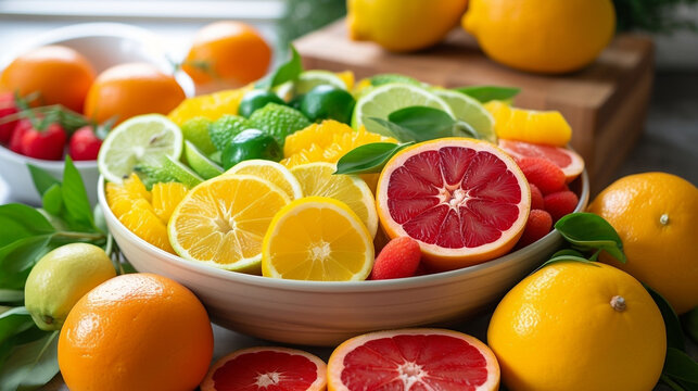 Fresh Fruits, Vitamin C Deficiency, Vitamin C Rich Foods. Vitamin C Deficiency, Citrus Fruits, Isolated, Creative Illustration.