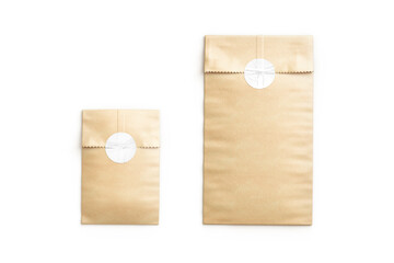 Blank craft rectangle paper bag with sticker mockup, top view