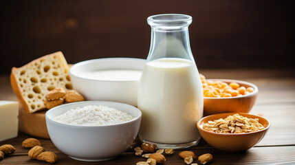 Obraz na płótnie Canvas Halthy Breakfast. Vitamin D foods, Cereals, Dairy products and milk