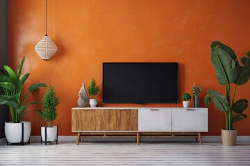 TV on the orange wall with a TV table and floor mounted flower pots. Generative AI