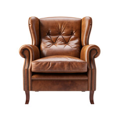 Vintage Leather Armchair isolated on transparent background. Generative AI