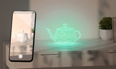 Colored kettle hologram stand on table phone display augmented reality