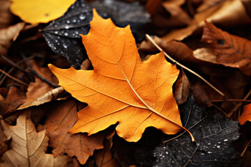 Golden autumn leaves on the ground in the forest. Generative AI.