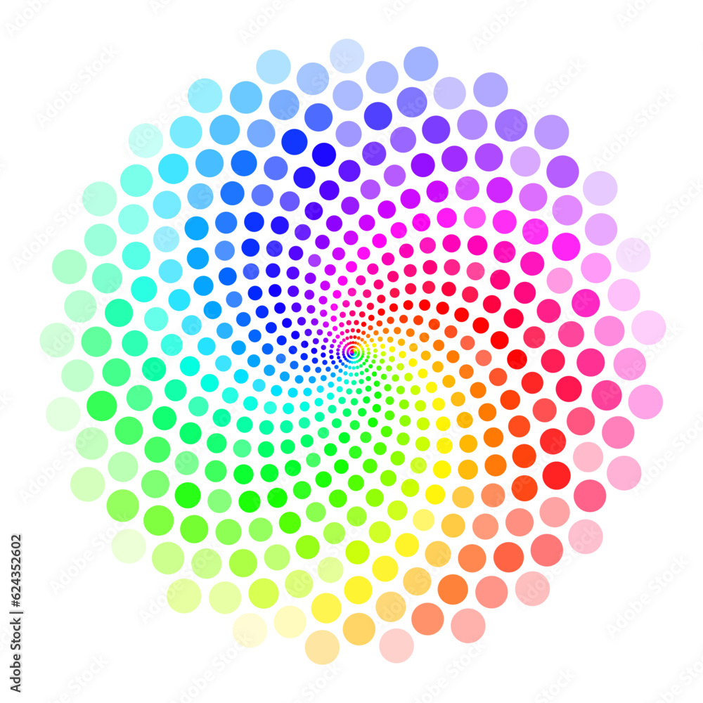 Wall mural rainbow dots color wheel. radial pattern of colorful circles with spiral twirl effect.